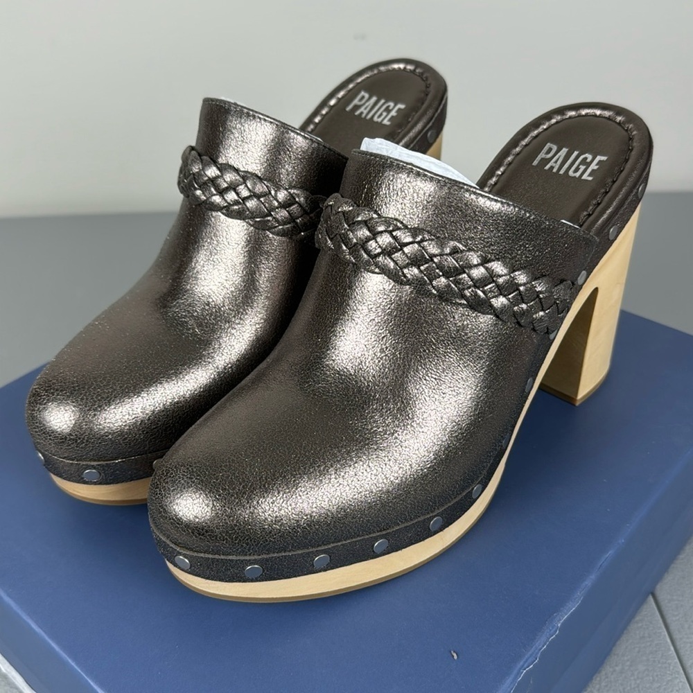 PAIGE Alex Platform Clogs in Gunmetal Suede.